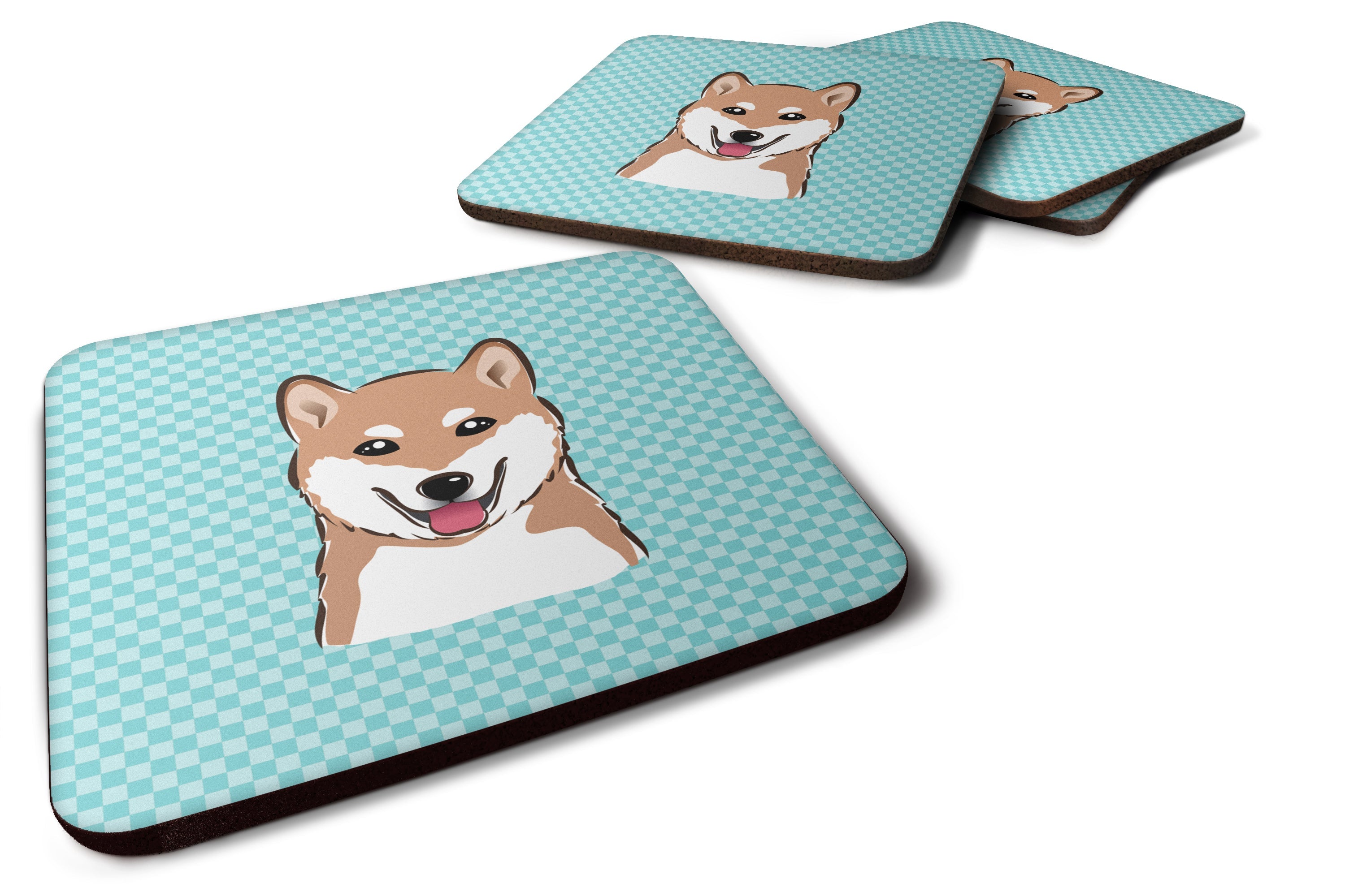 Checkerboard Blue Shiba Inu Foam Coasters Set of 4 Cup Coasters for Indoor Outdoor, Tabletop Protection, Anti Slip, Mouse pad Material