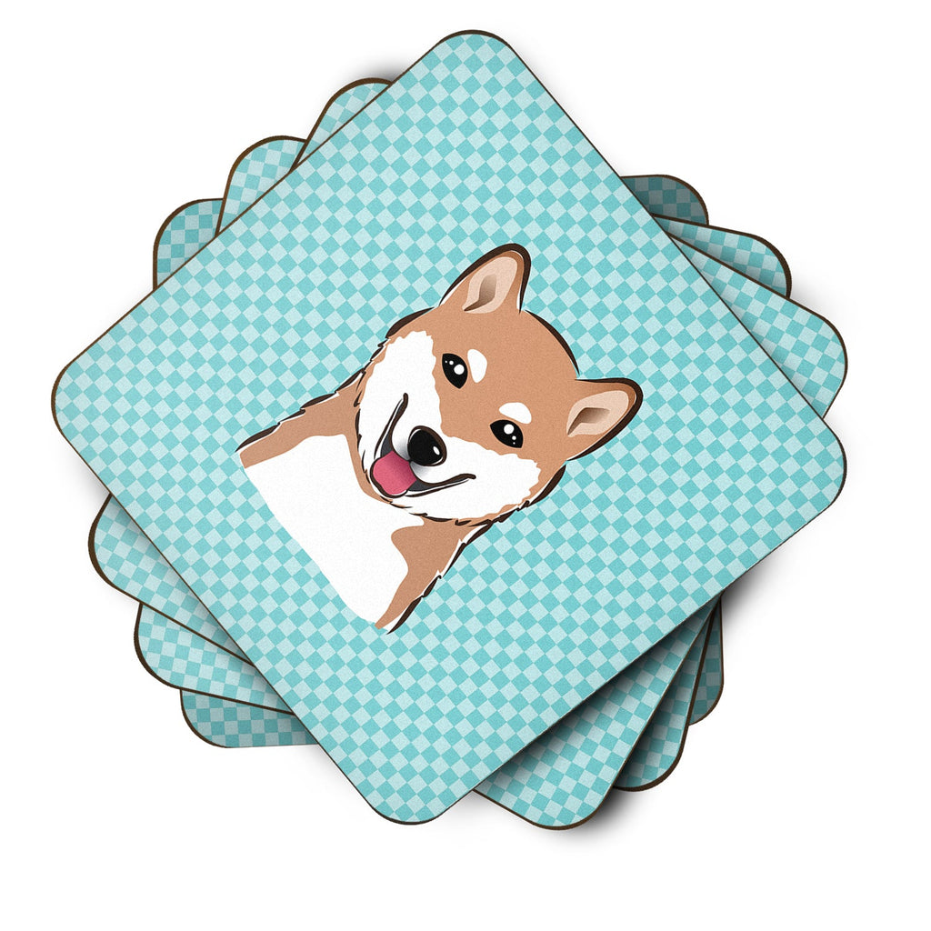 Checkerboard Blue Shiba Inu Foam Coasters Set of 4 Cup Coasters for Indoor Outdoor, Tabletop Protection, Anti Slip, Mouse pad Material