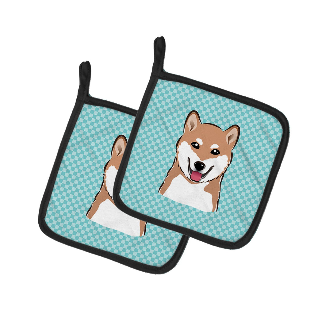 Checkerboard Blue Shiba Inu Pot Holder Set of 2 Heat Resistant Quilted Hot Pads 7.5 x 7.5 Inch, Insulated Kitchen Trivets for Cooking & Baking