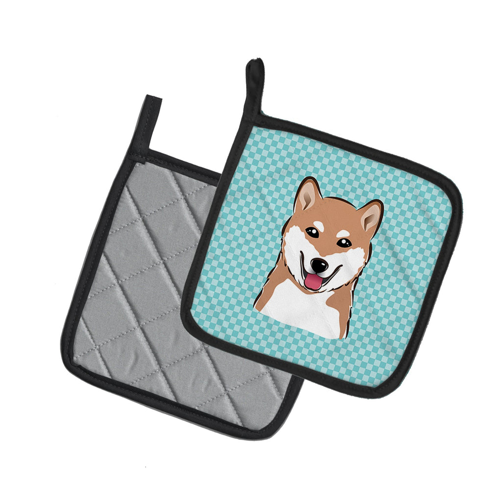 Checkerboard Blue Shiba Inu Pot Holder Set of 2 Heat Resistant Quilted Hot Pads 7.5 x 7.5 Inch, Insulated Kitchen Trivets for Cooking & Baking