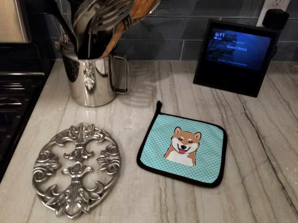 Checkerboard Blue Shiba Inu Pot Holder Set of 2 Heat Resistant Quilted Hot Pads 7.5 x 7.5 Inch, Insulated Kitchen Trivets for Cooking & Baking