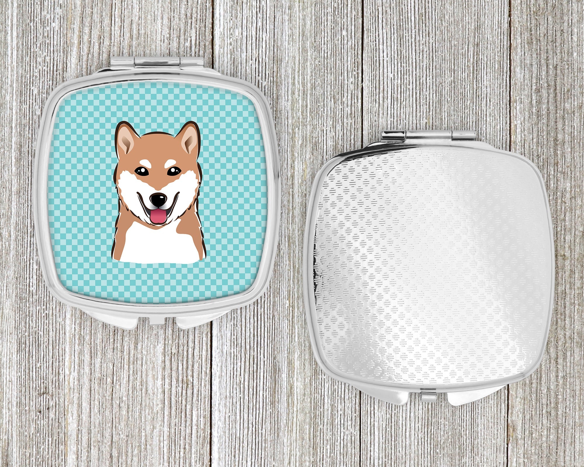Checkerboard Blue Shiba Inu Compact Mirror Decorative Travel Makeup Mirror for Women Girls Gifts Pocket Makeup Mirror Folding Handheld