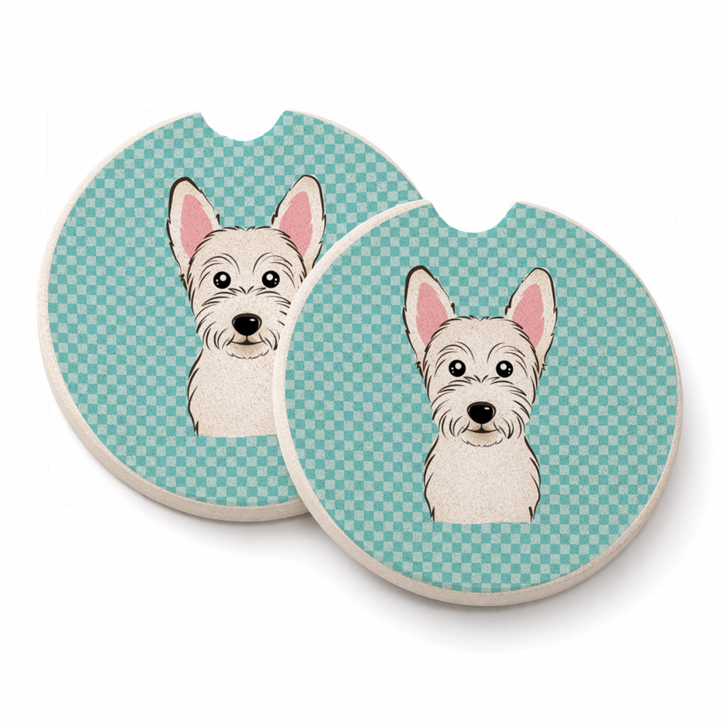 Checkerboard Blue Westie Set of 2 Cup Holder Car Coasters Absorbent Round Sandstone Coasters Gifts for Men or Women, 2.5, Multicolor