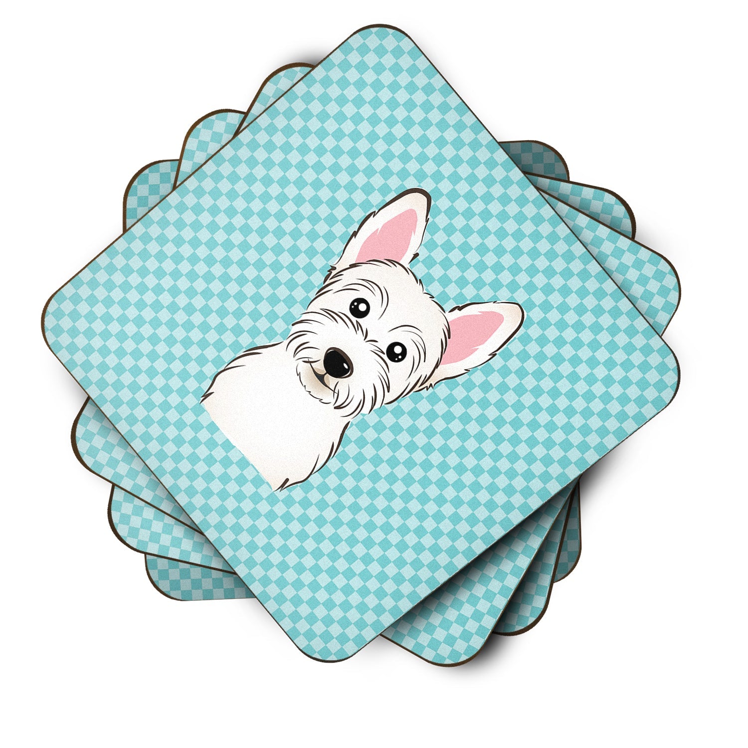 Checkerboard Blue Westie Foam Coasters Set of 4 Cup Coasters for Indoor Outdoor, Tabletop Protection, Anti Slip, Mouse pad Material