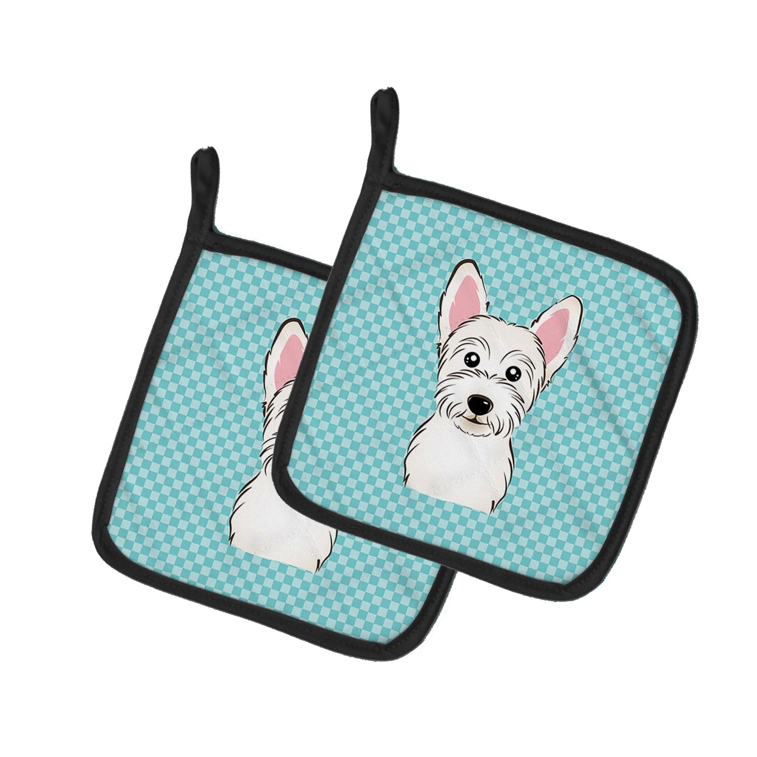 Checkerboard Blue Westie Pot Holder Set of 2 Heat Resistant Quilted Hot Pads 7.5 x 7.5 Inch, Insulated Kitchen Trivets for Cooking & Baking