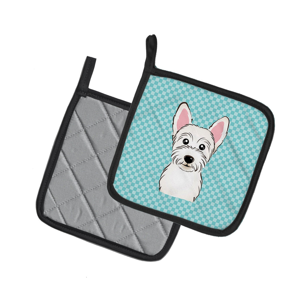 Checkerboard Blue Westie Pot Holder Set of 2 Heat Resistant Quilted Hot Pads 7.5 x 7.5 Inch, Insulated Kitchen Trivets for Cooking & Baking
