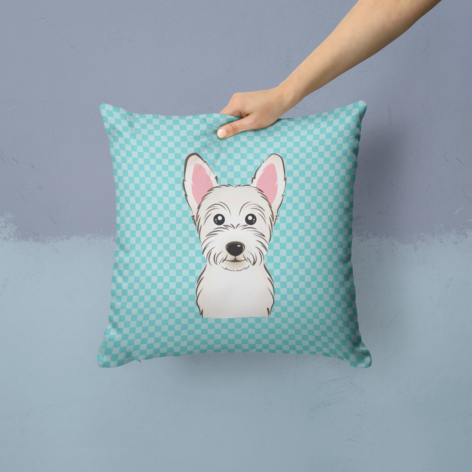 Checkerboard Blue Westie Decorative Throw Pillow 14x14 Indoor Outdoor Accent Cushion, Fabric Cover with Insert for Sofa, Bed, Porch & Living Room