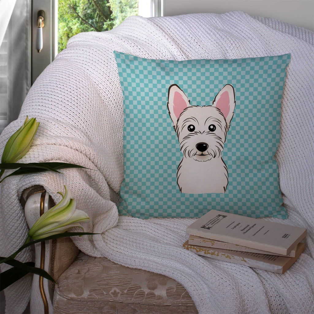 Checkerboard Blue Westie Decorative Throw Pillow 14x14 Indoor Outdoor Accent Cushion, Fabric Cover with Insert for Sofa, Bed, Porch & Living Room