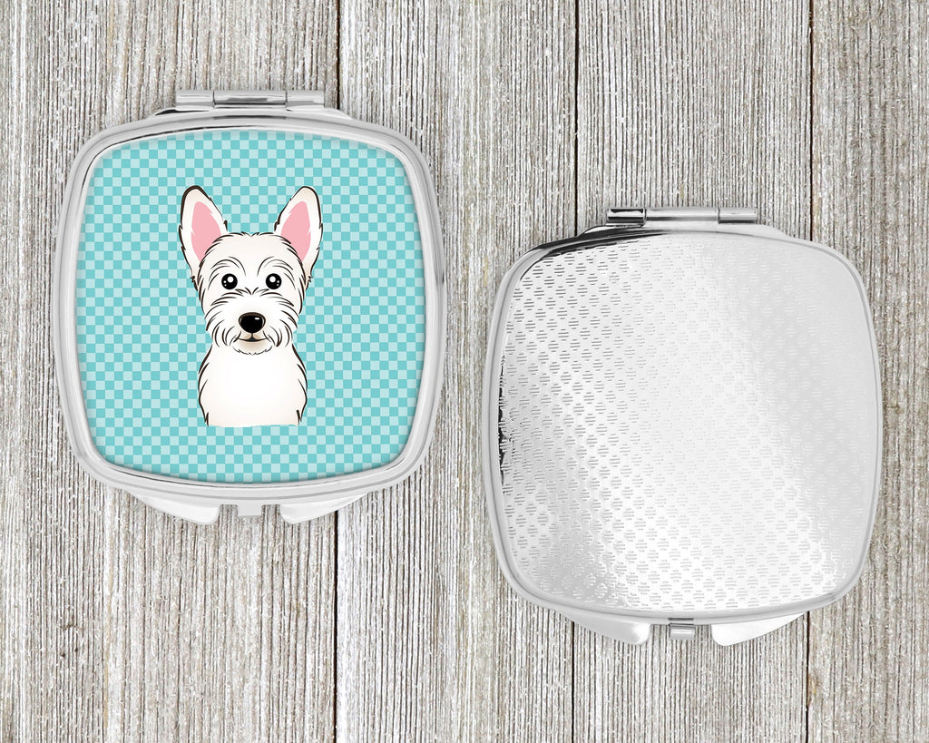 Checkerboard Blue Westie Compact Mirror Decorative Travel Makeup Mirror for Women Girls Gifts Pocket Makeup Mirror Folding Handheld