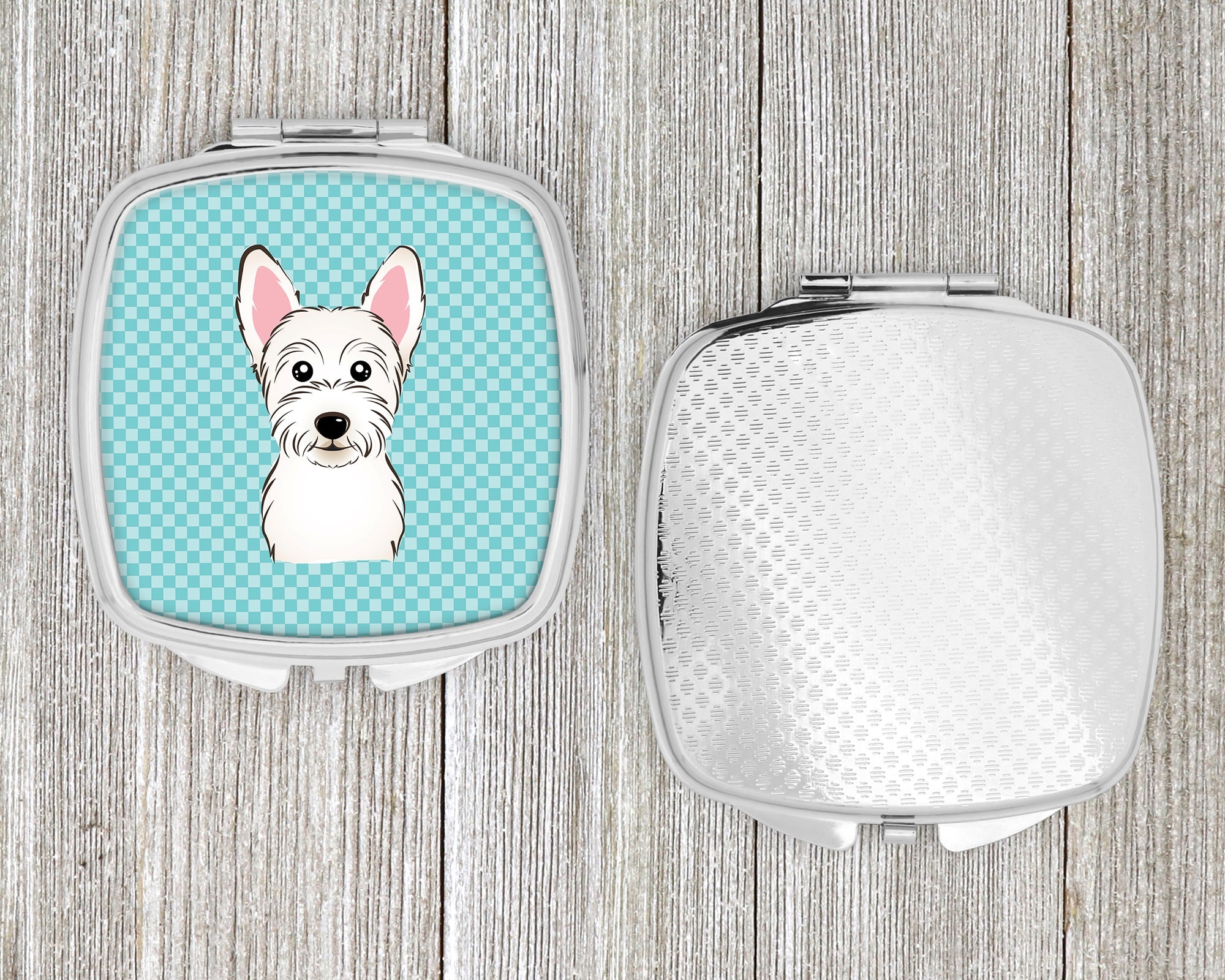 Checkerboard Blue Westie Compact Mirror Decorative Travel Makeup Mirror for Women Girls Gifts Pocket Makeup Mirror Folding Handheld