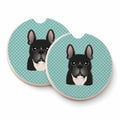 Checkerboard Blue French Bulldog Set of 2 Cup Holder Car Coasters Absorbent Round Sandstone Coasters Gifts for Men or Women, 2.5, Multicolor
