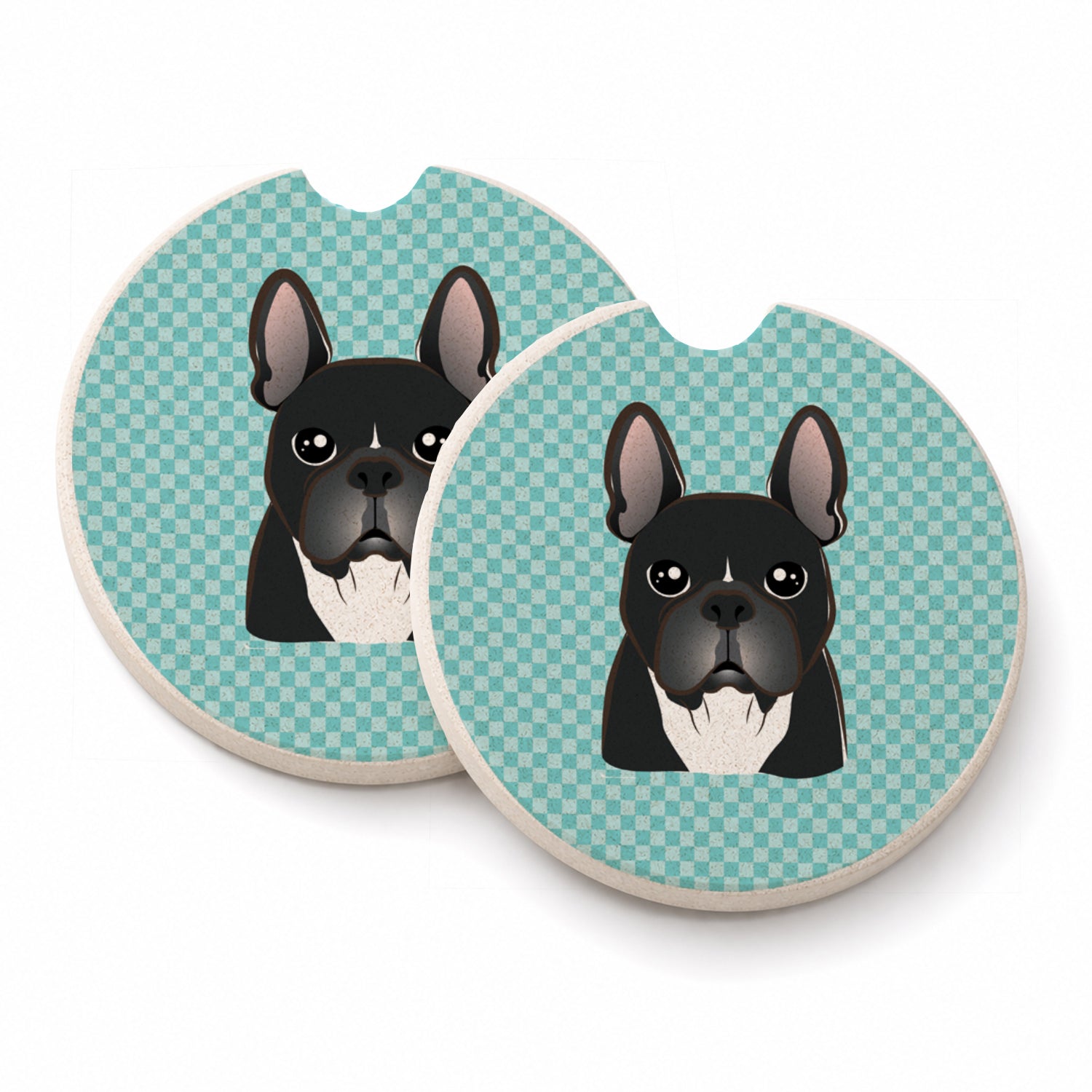 Checkerboard Blue French Bulldog Set of 2 Cup Holder Car Coasters Absorbent Round Sandstone Coasters Gifts for Men or Women, 2.5, Multicolor