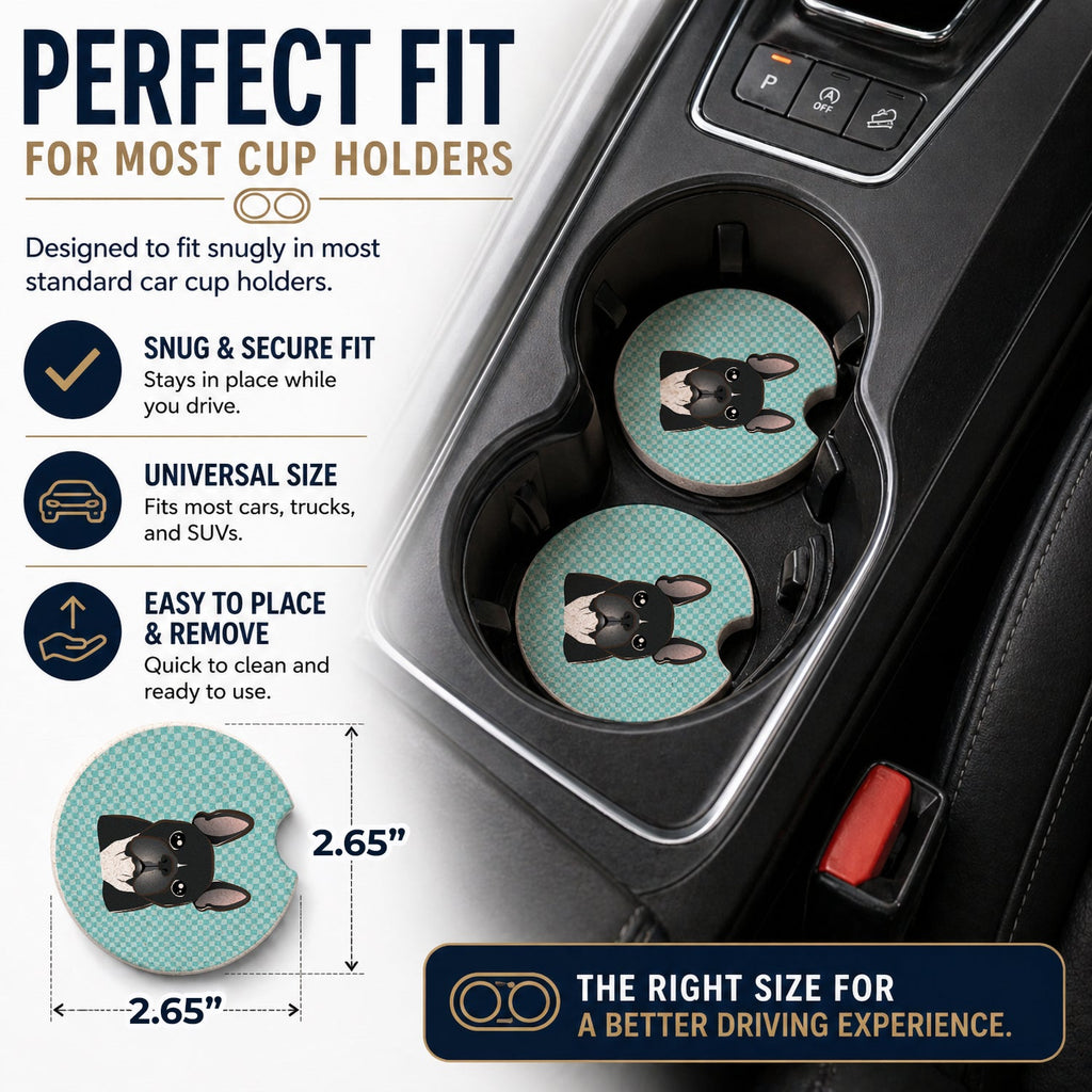 Checkerboard Blue French Bulldog Set of 2 Cup Holder Car Coasters Absorbent Round Sandstone Coasters Gifts for Men or Women, 2.5, Multicolor