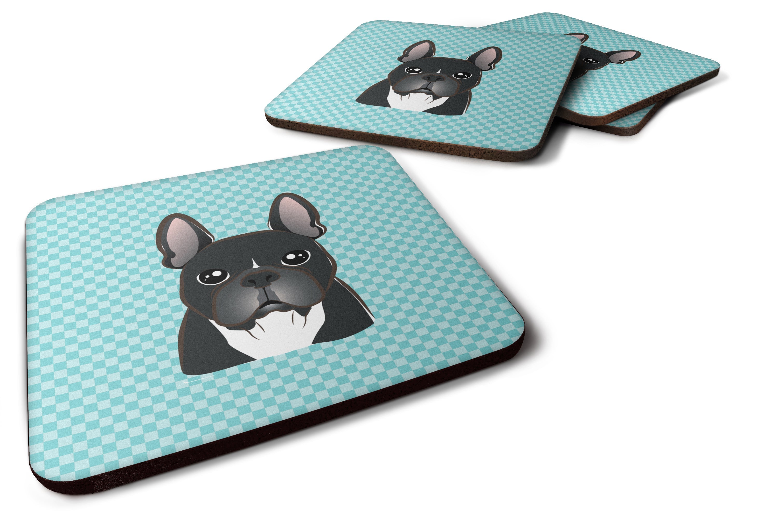 Checkerboard Blue French Bulldog Foam Coasters Set of 4 Cup Coasters for Indoor Outdoor, Tabletop Protection, Anti Slip, Mouse pad Material
