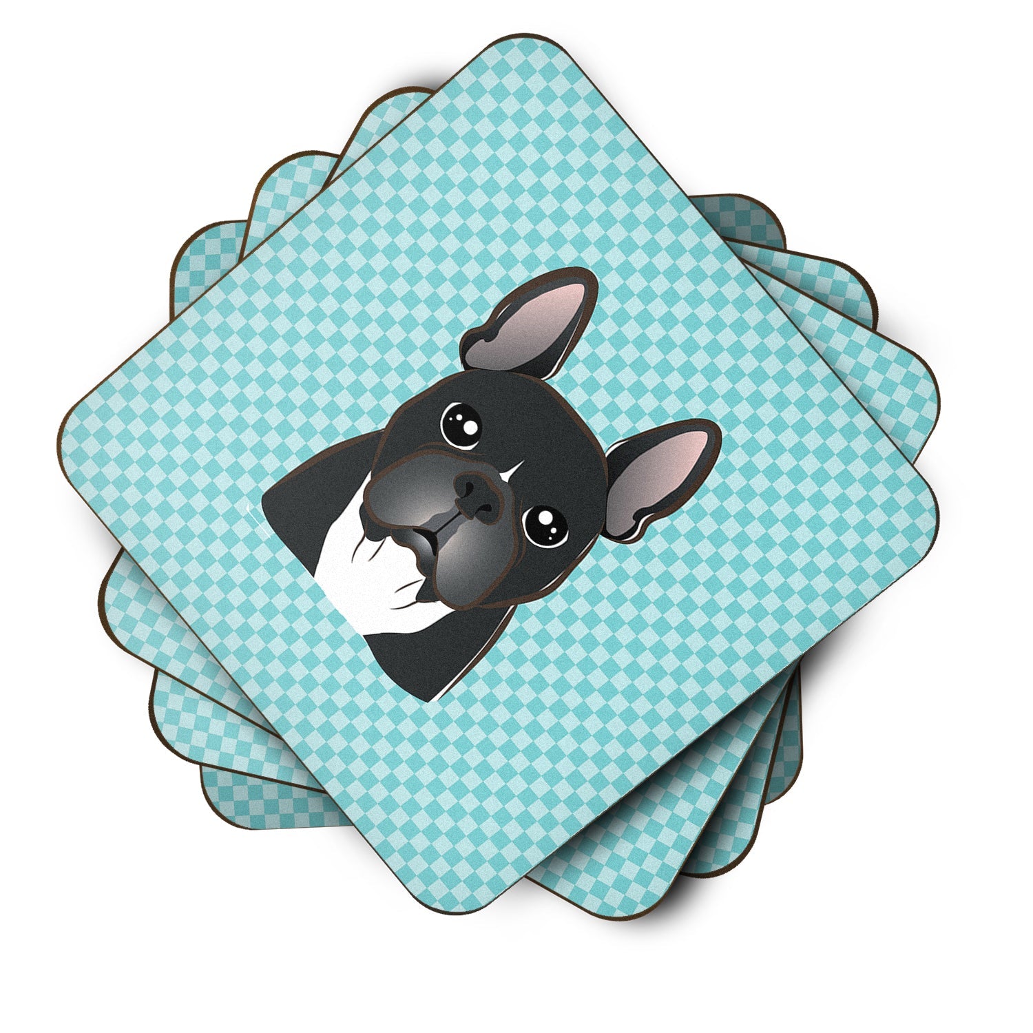 Checkerboard Blue French Bulldog Foam Coasters Set of 4 Cup Coasters for Indoor Outdoor, Tabletop Protection, Anti Slip, Mouse pad Material