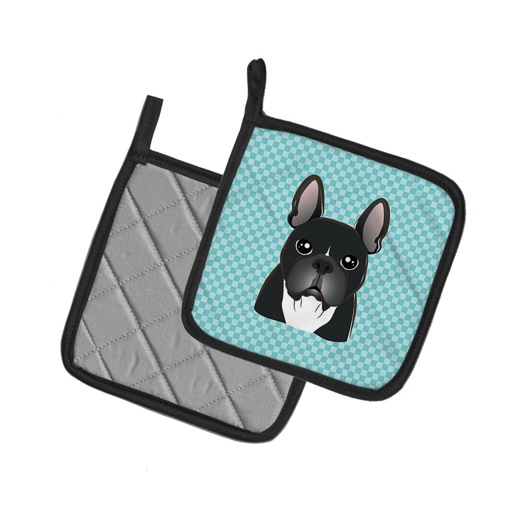 Checkerboard Blue French Bulldog Pot Holder Set of 2 Heat Resistant Quilted Hot Pads 7.5 x 7.5 Inch, Insulated Kitchen Trivets for Cooking & Baking
