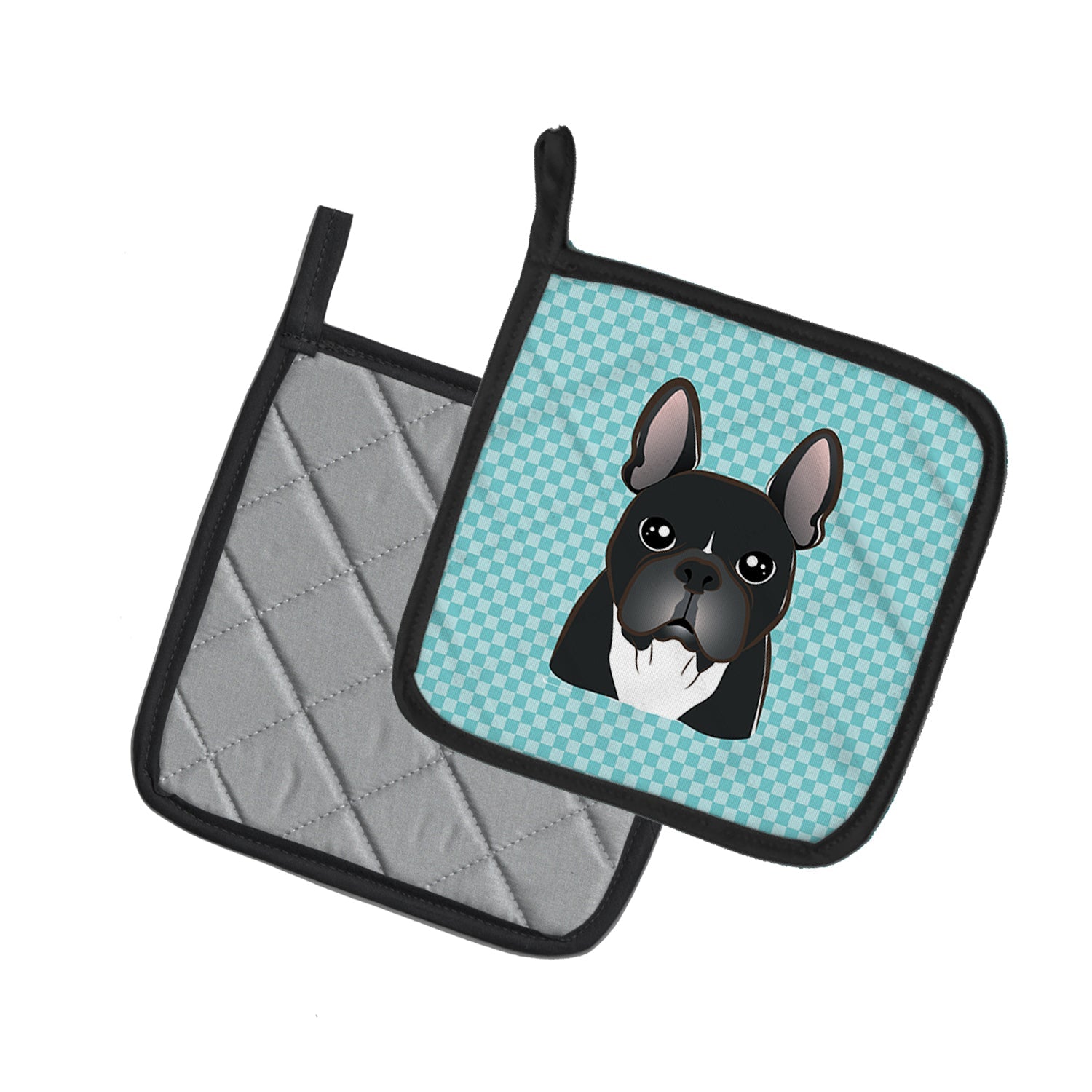 Checkerboard Blue French Bulldog Pot Holder Set of 2 Heat Resistant Quilted Hot Pads 7.5 x 7.5 Inch, Insulated Kitchen Trivets for Cooking & Baking