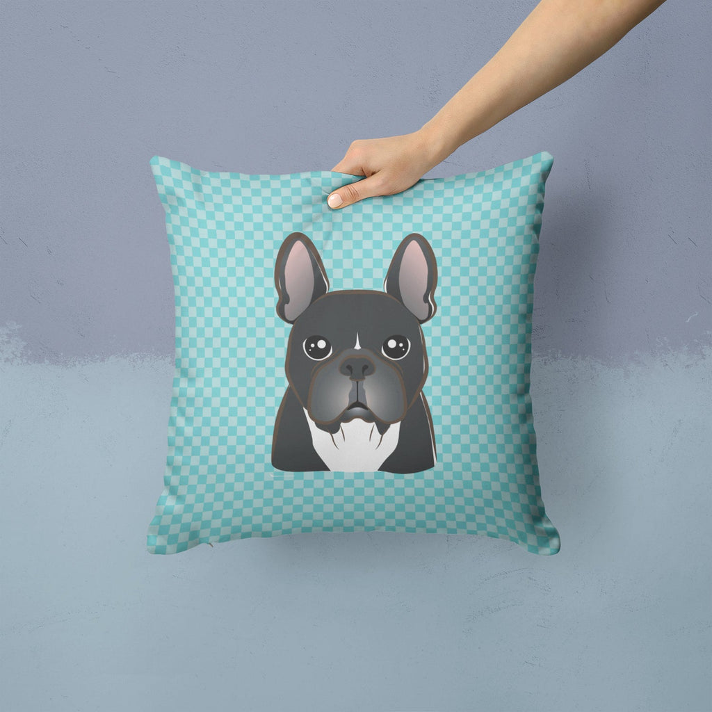 Checkerboard Blue French Bulldog Decorative Throw Pillow 14x14 Indoor Outdoor Accent Cushion, Fabric Cover with Insert for Sofa, Bed, Porch & Living Room