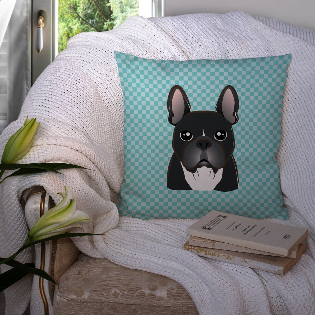 Checkerboard Blue French Bulldog Decorative Throw Pillow 14x14 Indoor Outdoor Accent Cushion, Fabric Cover with Insert for Sofa, Bed, Porch & Living Room