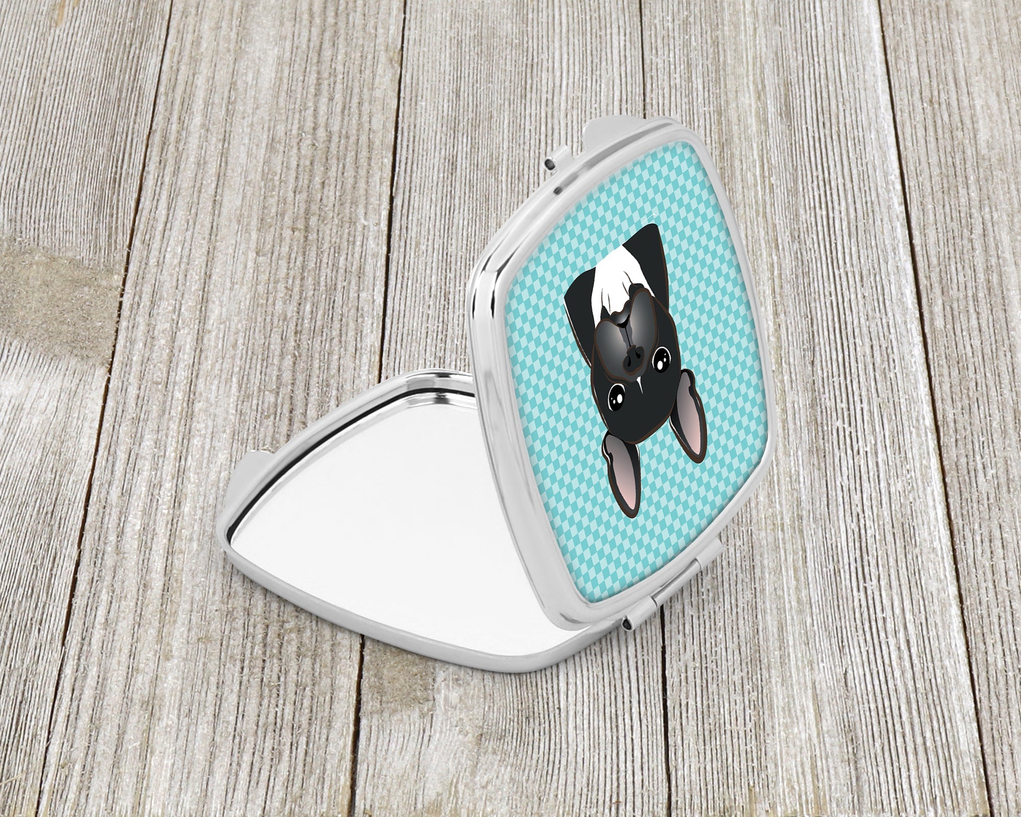 Checkerboard Blue French Bulldog Compact Mirror Decorative Travel Makeup Mirror for Women Girls Gifts Pocket Makeup Mirror Folding Handheld
