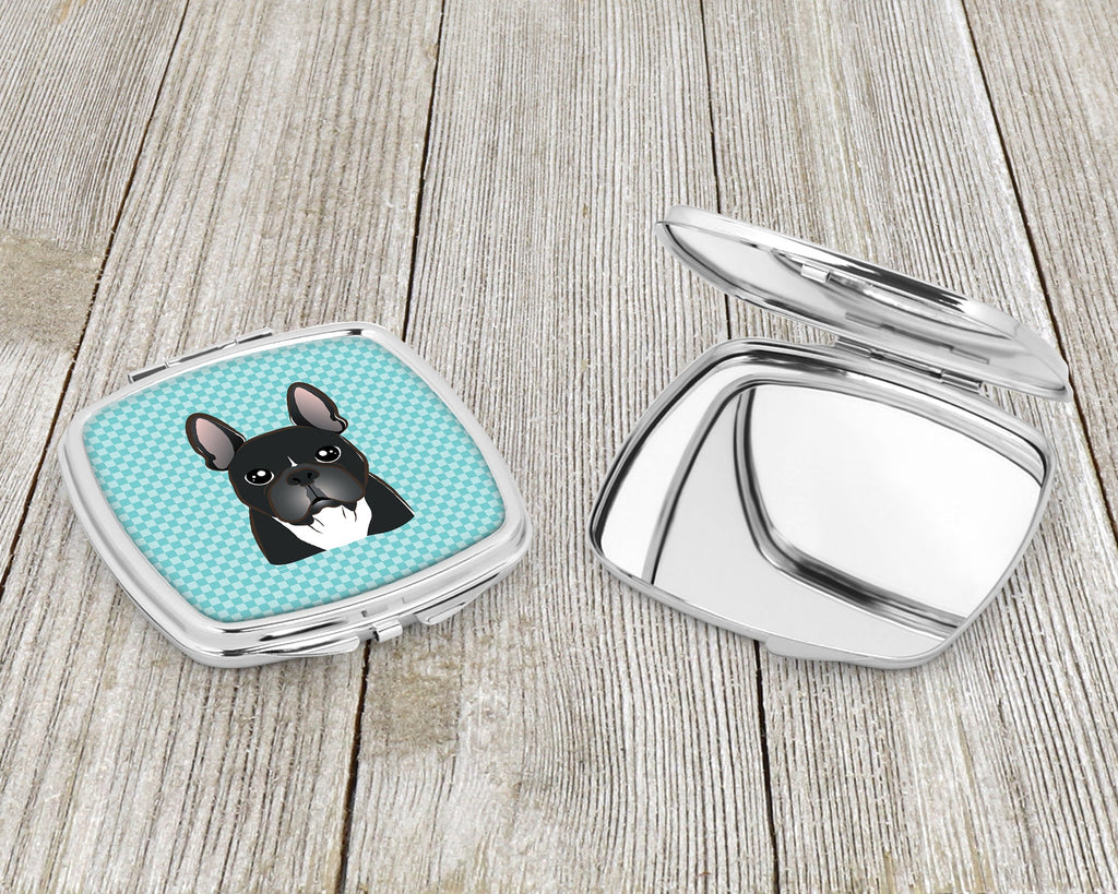 Checkerboard Blue French Bulldog Compact Mirror Decorative Travel Makeup Mirror for Women Girls Gifts Pocket Makeup Mirror Folding Handheld