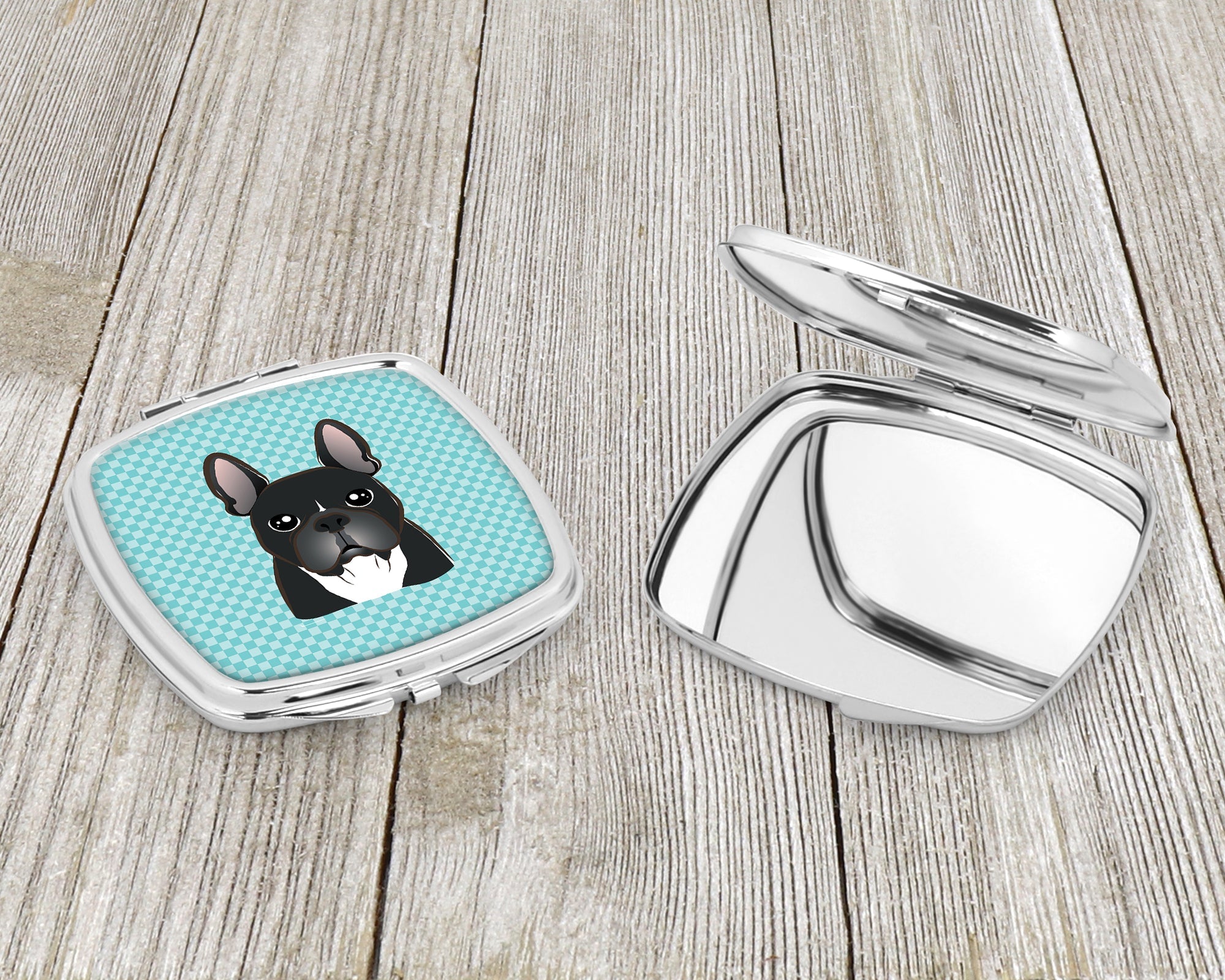 Checkerboard Blue French Bulldog Compact Mirror Decorative Travel Makeup Mirror for Women Girls Gifts Pocket Makeup Mirror Folding Handheld