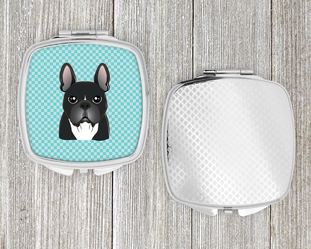 Checkerboard Blue French Bulldog Compact Mirror Decorative Travel Makeup Mirror for Women Girls Gifts Pocket Makeup Mirror Folding Handheld