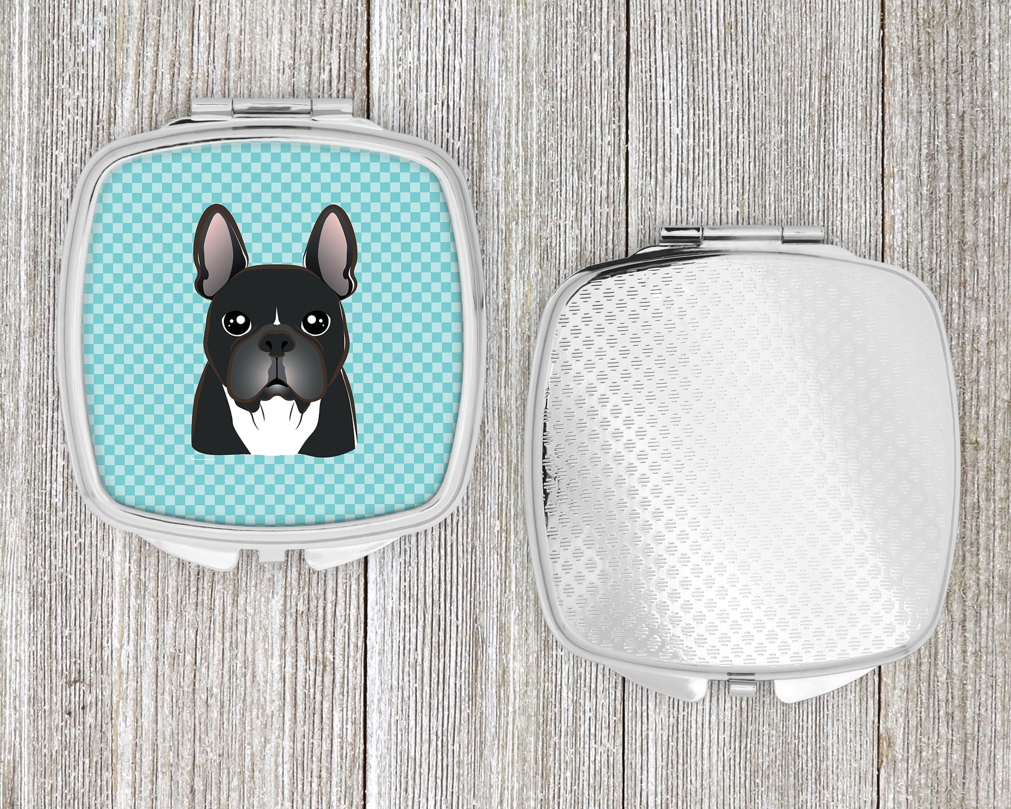 Checkerboard Blue French Bulldog Compact Mirror Decorative Travel Makeup Mirror for Women Girls Gifts Pocket Makeup Mirror Folding Handheld
