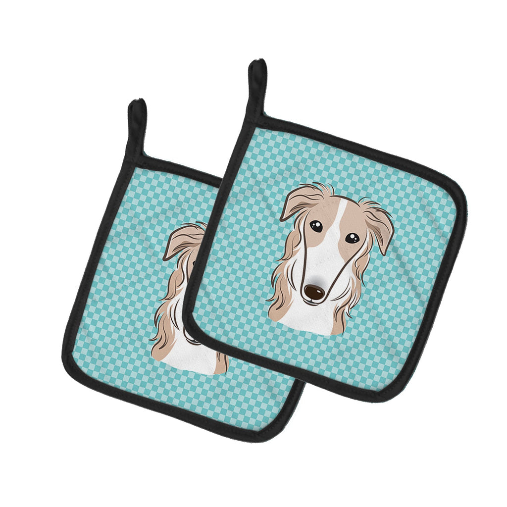 Checkerboard Blue Borzoi Pot Holder Set of 2 Heat Resistant Quilted Hot Pads 7.5 x 7.5 Inch, Insulated Kitchen Trivets for Cooking & Baking