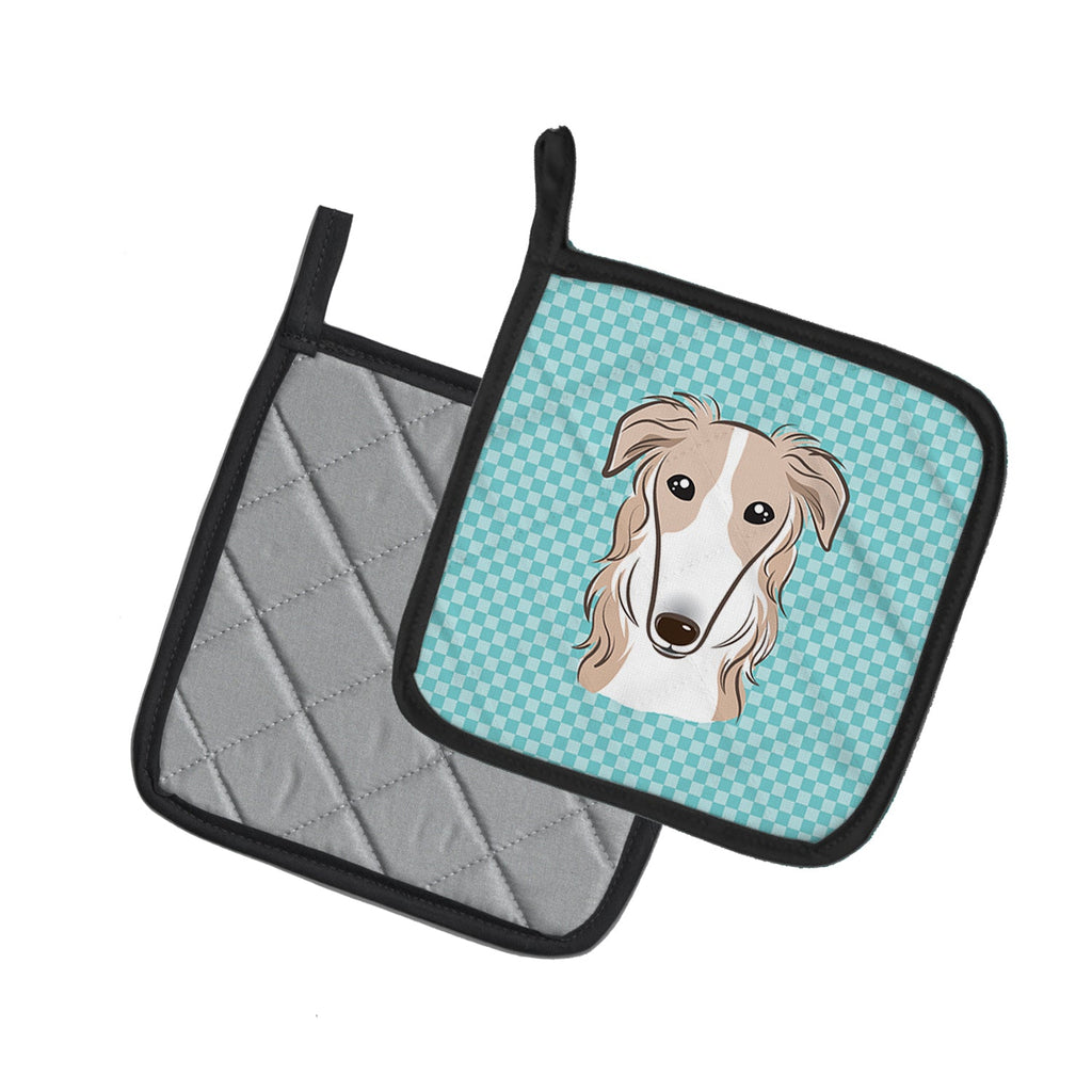 Checkerboard Blue Borzoi Pot Holder Set of 2 Heat Resistant Quilted Hot Pads 7.5 x 7.5 Inch, Insulated Kitchen Trivets for Cooking & Baking