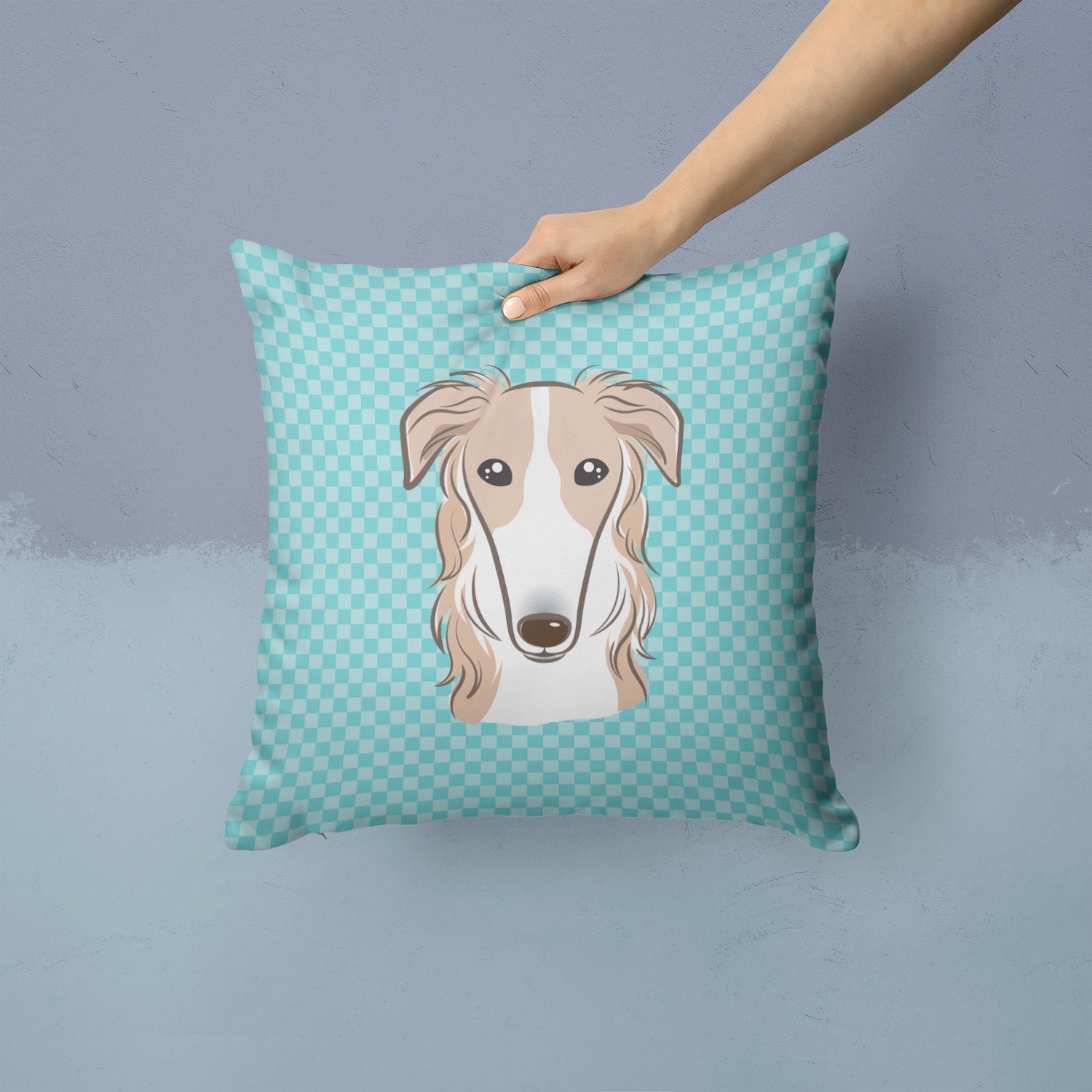 Checkerboard Blue Borzoi Decorative Throw Pillow 14x14 Indoor Outdoor Accent Cushion, Fabric Cover with Insert for Sofa, Bed, Porch & Living Room