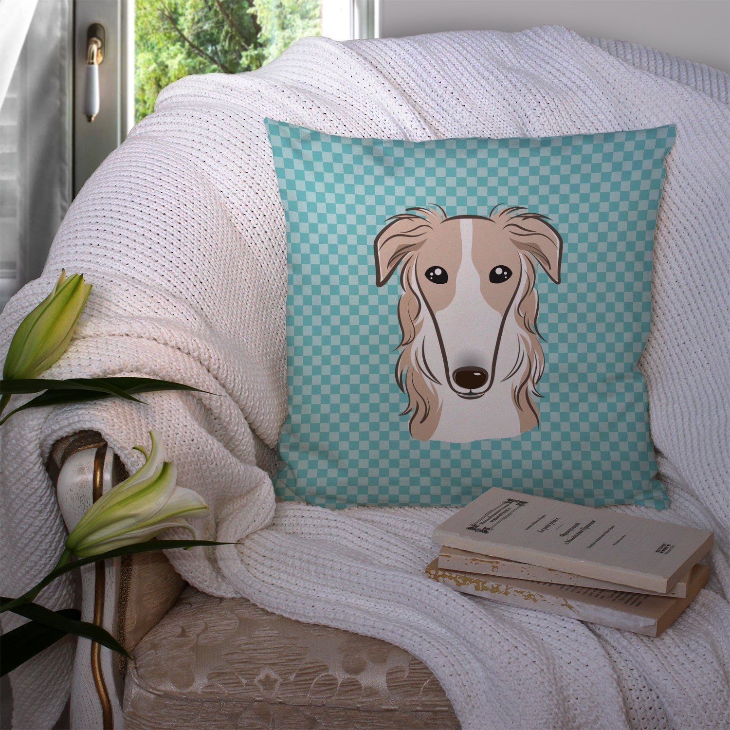 Checkerboard Blue Borzoi Decorative Throw Pillow 14x14 Indoor Outdoor Accent Cushion, Fabric Cover with Insert for Sofa, Bed, Porch & Living Room