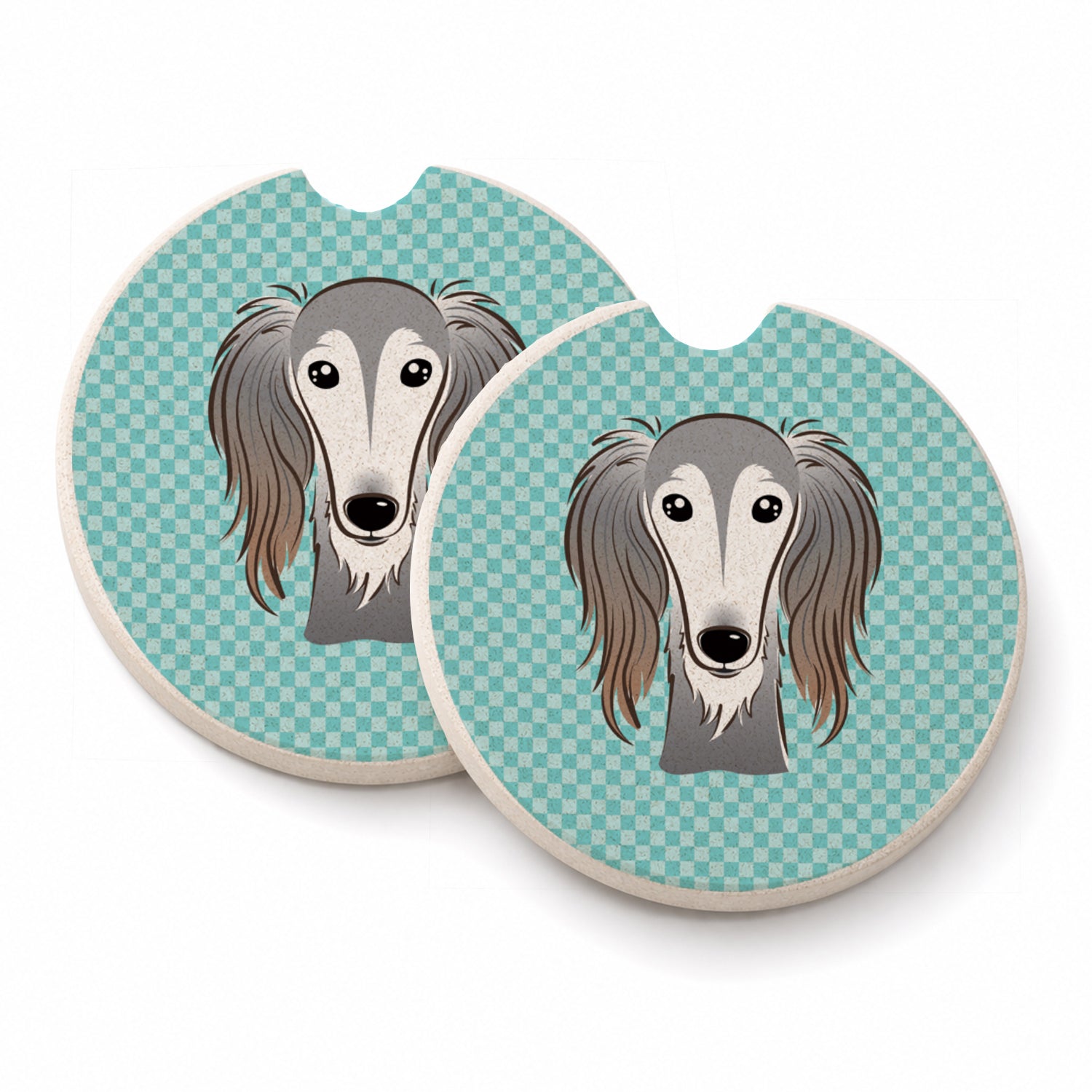 Checkerboard Blue Saluki Set of 2 Cup Holder Car Coasters Absorbent Round Sandstone Coasters Gifts for Men or Women, 2.5, Multicolor
