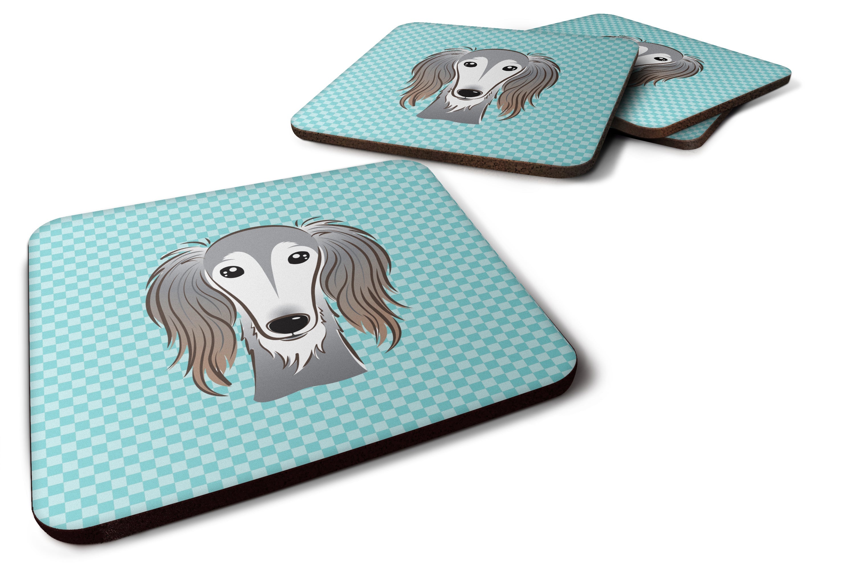Checkerboard Blue Saluki Foam Coasters Set of 4 Cup Coasters for Indoor Outdoor, Tabletop Protection, Anti Slip, Mouse pad Material