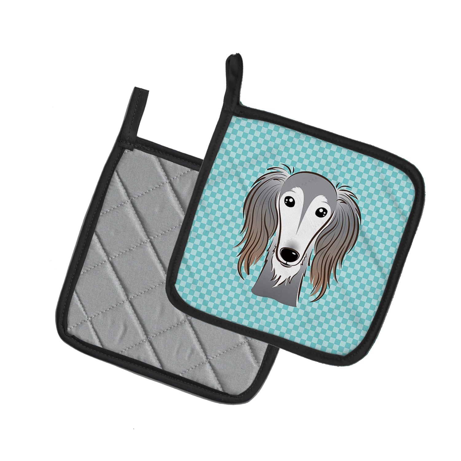 Checkerboard Blue Saluki Pot Holder Set of 2 Heat Resistant Quilted Hot Pads 7.5 x 7.5 Inch, Insulated Kitchen Trivets for Cooking & Baking