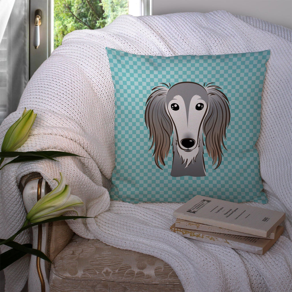 Checkerboard Blue Saluki Decorative Throw Pillow 14x14 Indoor Outdoor Accent Cushion, Fabric Cover with Insert for Sofa, Bed, Porch & Living Room