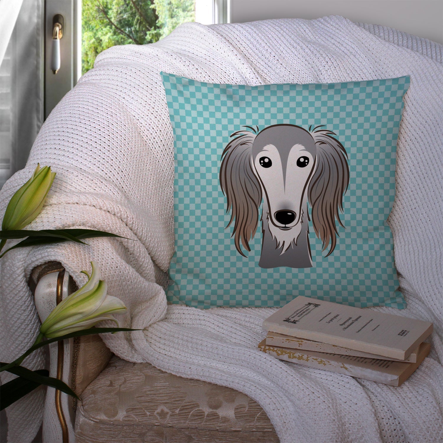 Checkerboard Blue Saluki Decorative Throw Pillow 14x14 Indoor Outdoor Accent Cushion, Fabric Cover with Insert for Sofa, Bed, Porch & Living Room
