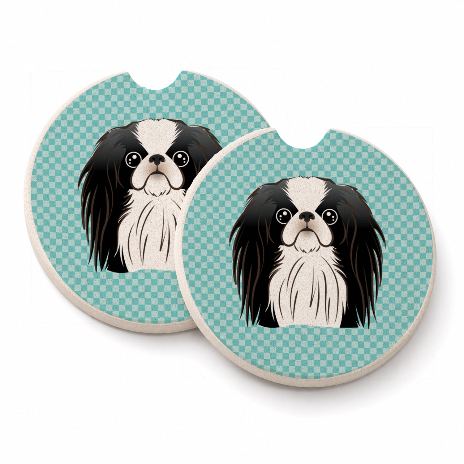 Checkerboard Blue Japanese Chin Set of 2 Cup Holder Car Coasters Absorbent Round Sandstone Coasters Gifts for Men or Women, 2.5, Multicolor