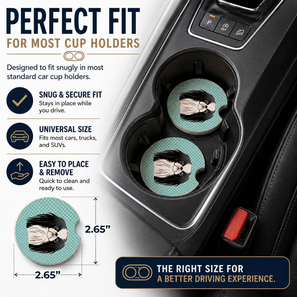 Checkerboard Blue Japanese Chin Set of 2 Cup Holder Car Coasters Absorbent Round Sandstone Coasters Gifts for Men or Women, 2.5, Multicolor