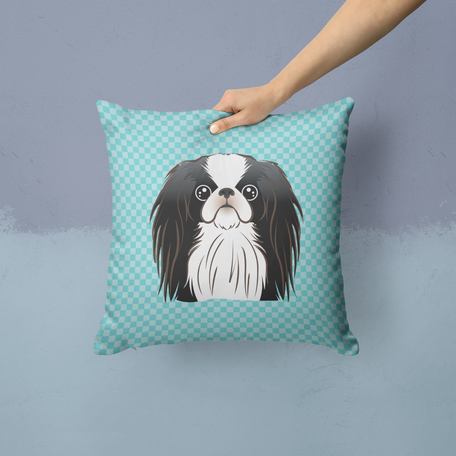 Checkerboard Blue Japanese Chin Decorative Throw Pillow 14x14 Indoor Outdoor Accent Cushion, Fabric Cover with Insert for Sofa, Bed, Porch & Living Room