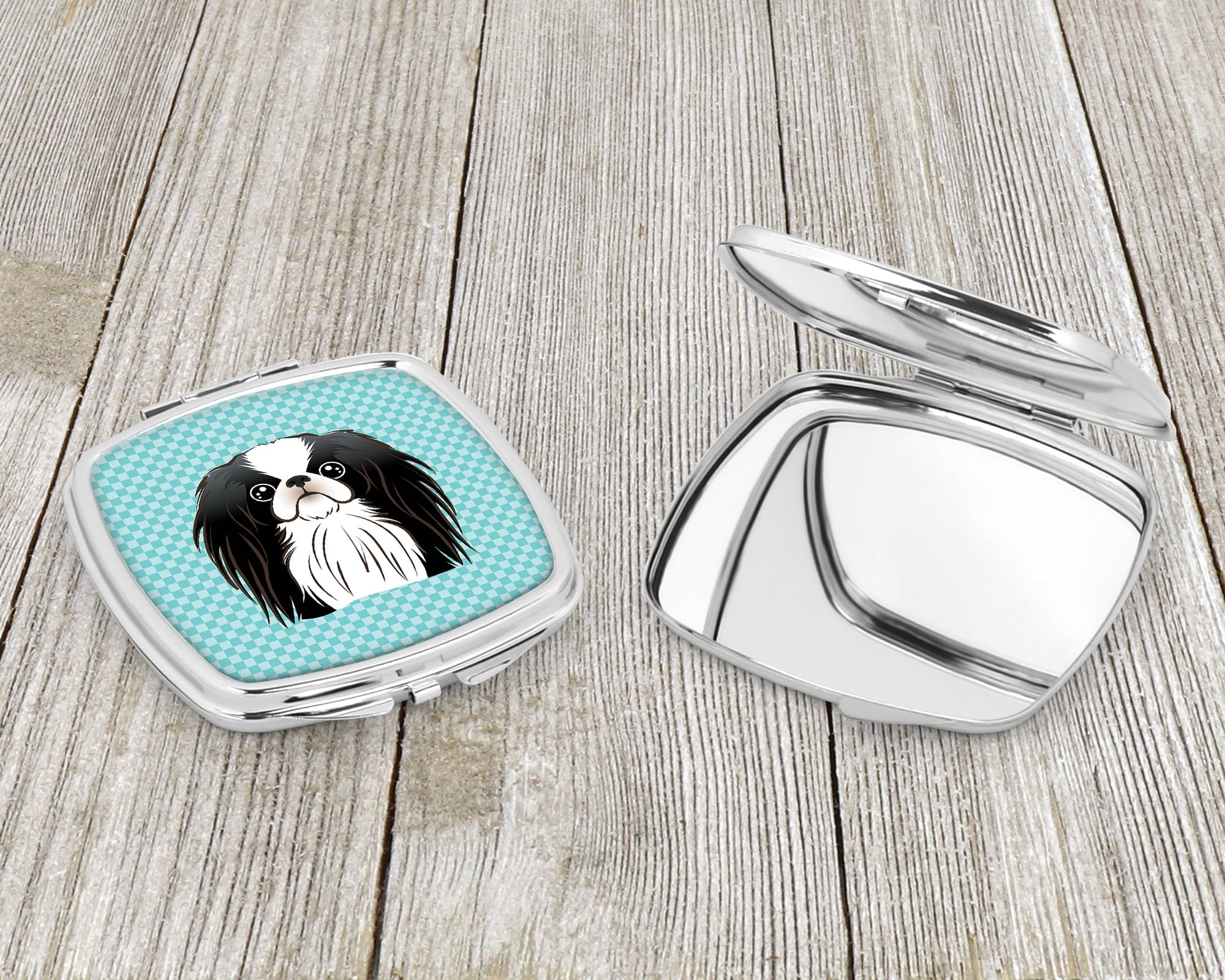 Checkerboard Blue Japanese Chin Compact Mirror Decorative Travel Makeup Mirror for Women Girls Gifts Pocket Makeup Mirror Folding Handheld
