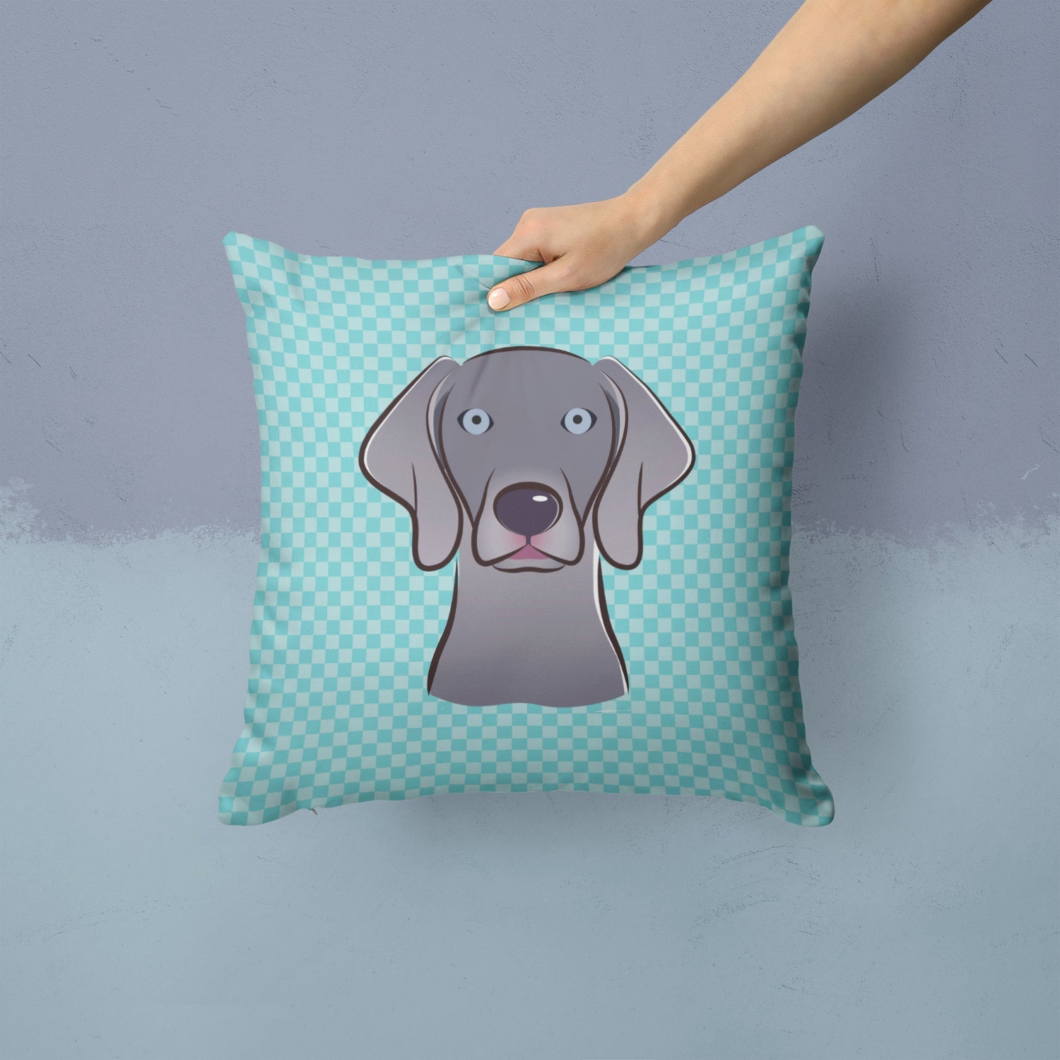 Checkerboard Blue Weimaraner Decorative Throw Pillow 14x14 Indoor Outdoor Accent Cushion, Fabric Cover with Insert for Sofa, Bed, Porch & Living Room