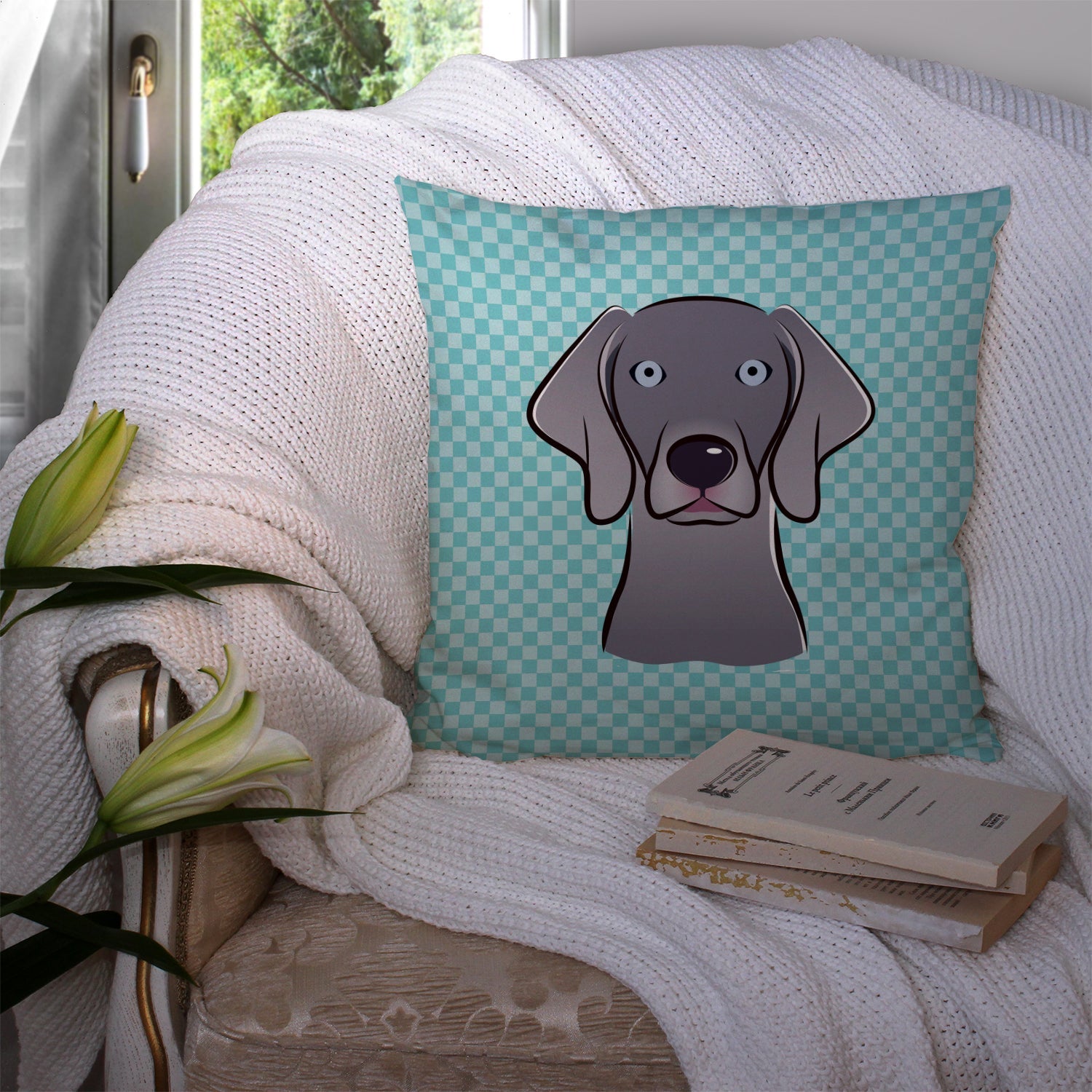 Checkerboard Blue Weimaraner Decorative Throw Pillow 14x14 Indoor Outdoor Accent Cushion, Fabric Cover with Insert for Sofa, Bed, Porch & Living Room
