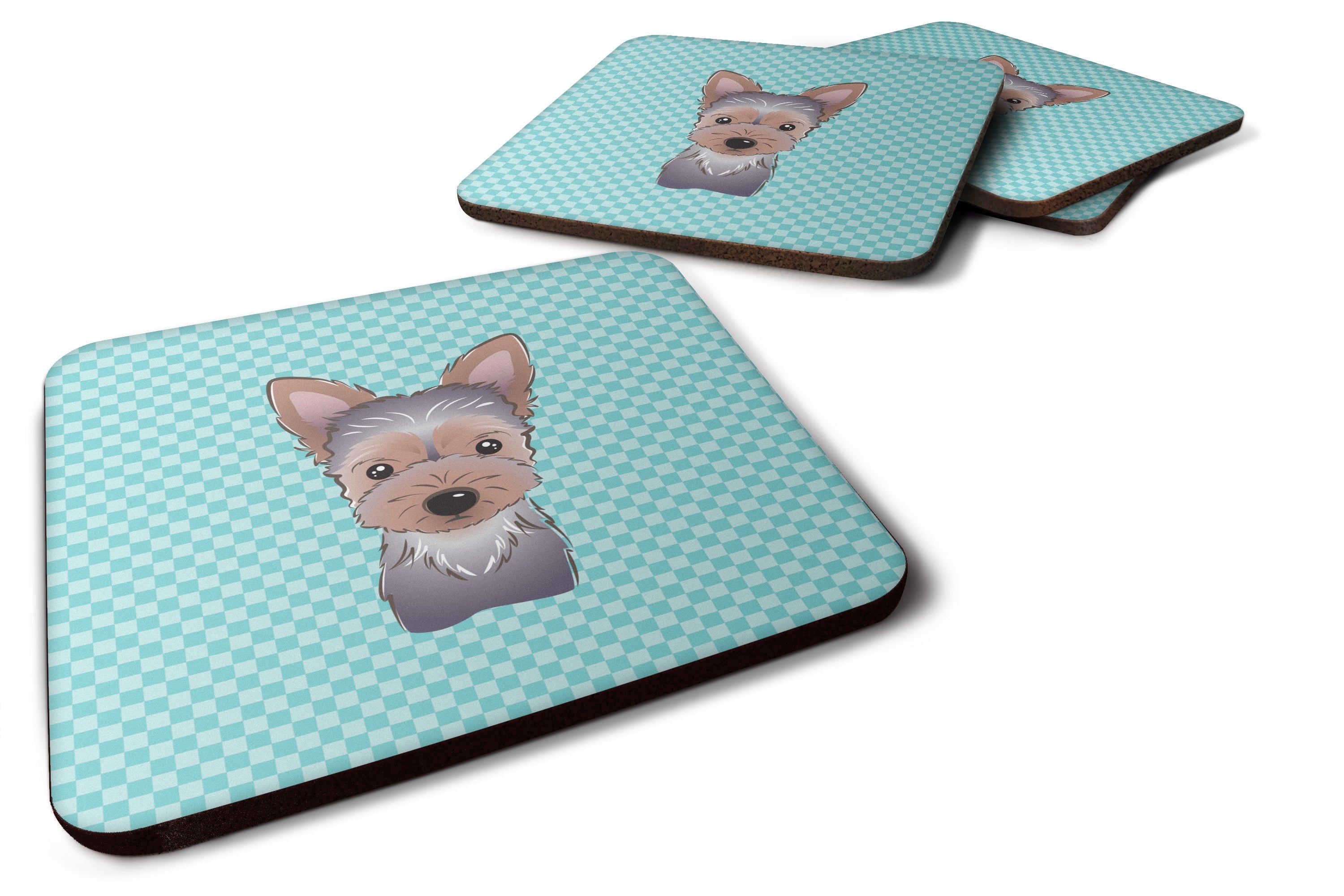 Checkerboard Blue Yorkie Puppy Foam Coasters Set of 4 Cup Coasters for Indoor Outdoor, Tabletop Protection, Anti Slip, Mouse pad Material