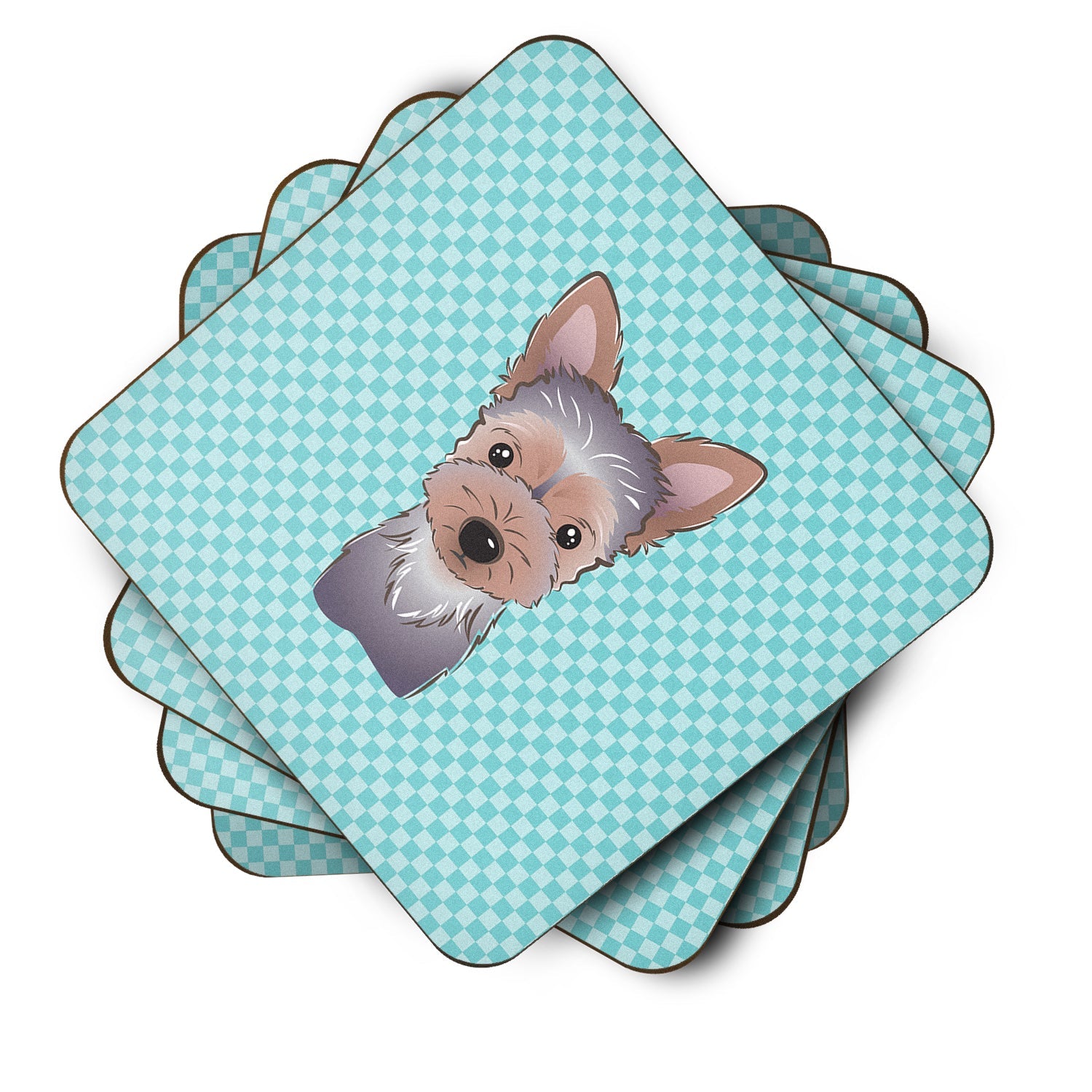 Checkerboard Blue Yorkie Puppy Foam Coasters Set of 4 Cup Coasters for Indoor Outdoor, Tabletop Protection, Anti Slip, Mouse pad Material