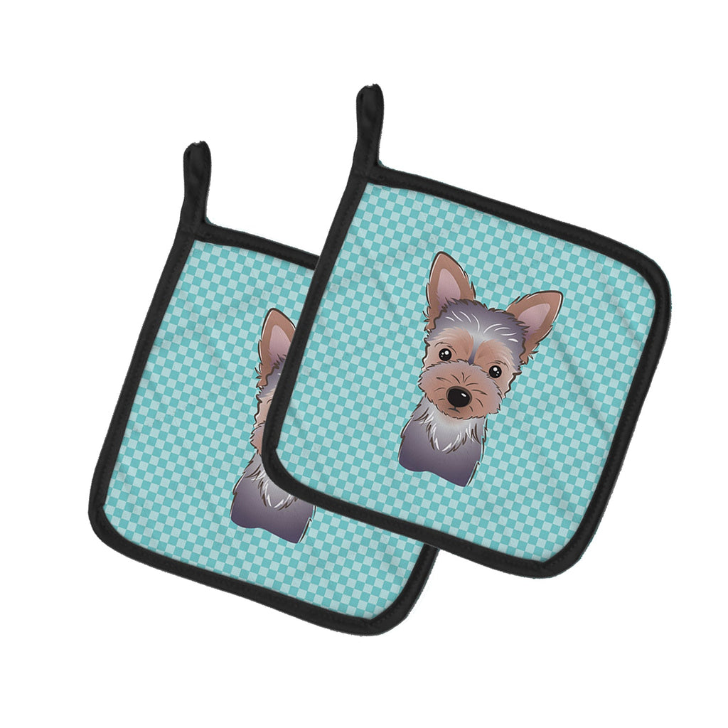 Checkerboard Blue Yorkie Puppy Pot Holder Set of 2 Heat Resistant Quilted Hot Pads 7.5 x 7.5 Inch, Insulated Kitchen Trivets for Cooking & Baking