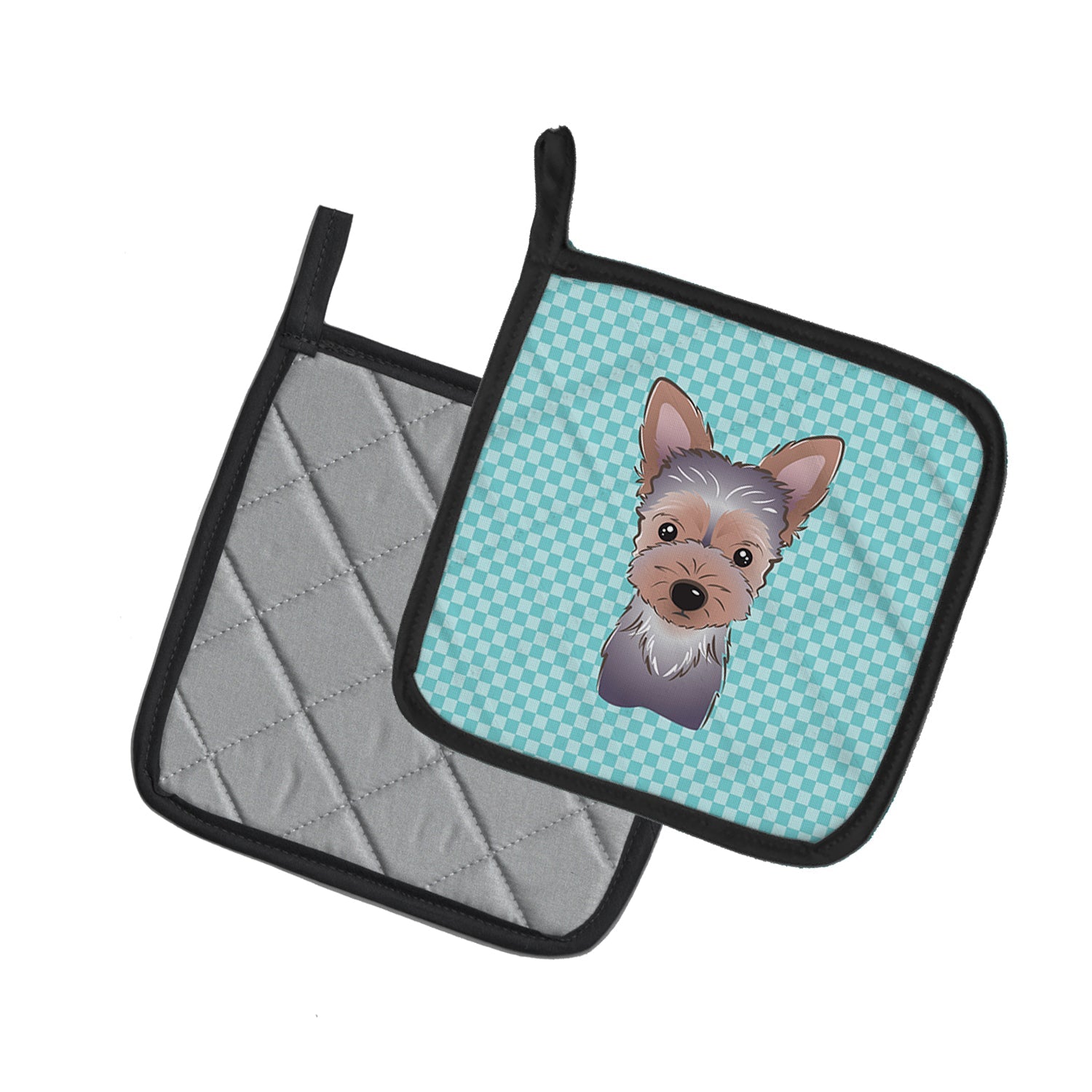 Checkerboard Blue Yorkie Puppy Pot Holder Set of 2 Heat Resistant Quilted Hot Pads 7.5 x 7.5 Inch, Insulated Kitchen Trivets for Cooking & Baking
