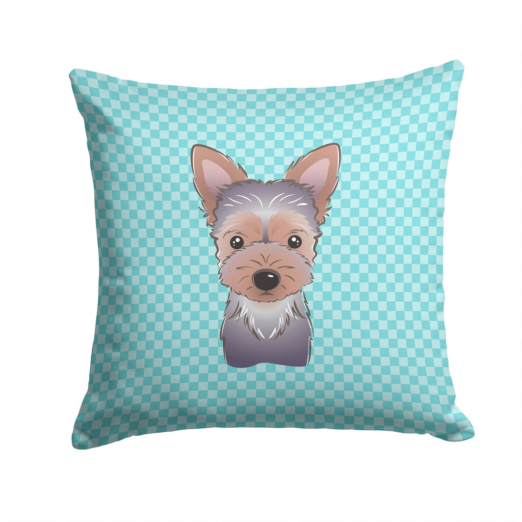 Checkerboard Blue Yorkie Puppy Decorative Throw Pillow 14x14 Indoor Outdoor Accent Cushion, Fabric Cover with Insert for Sofa, Bed, Porch & Living Room