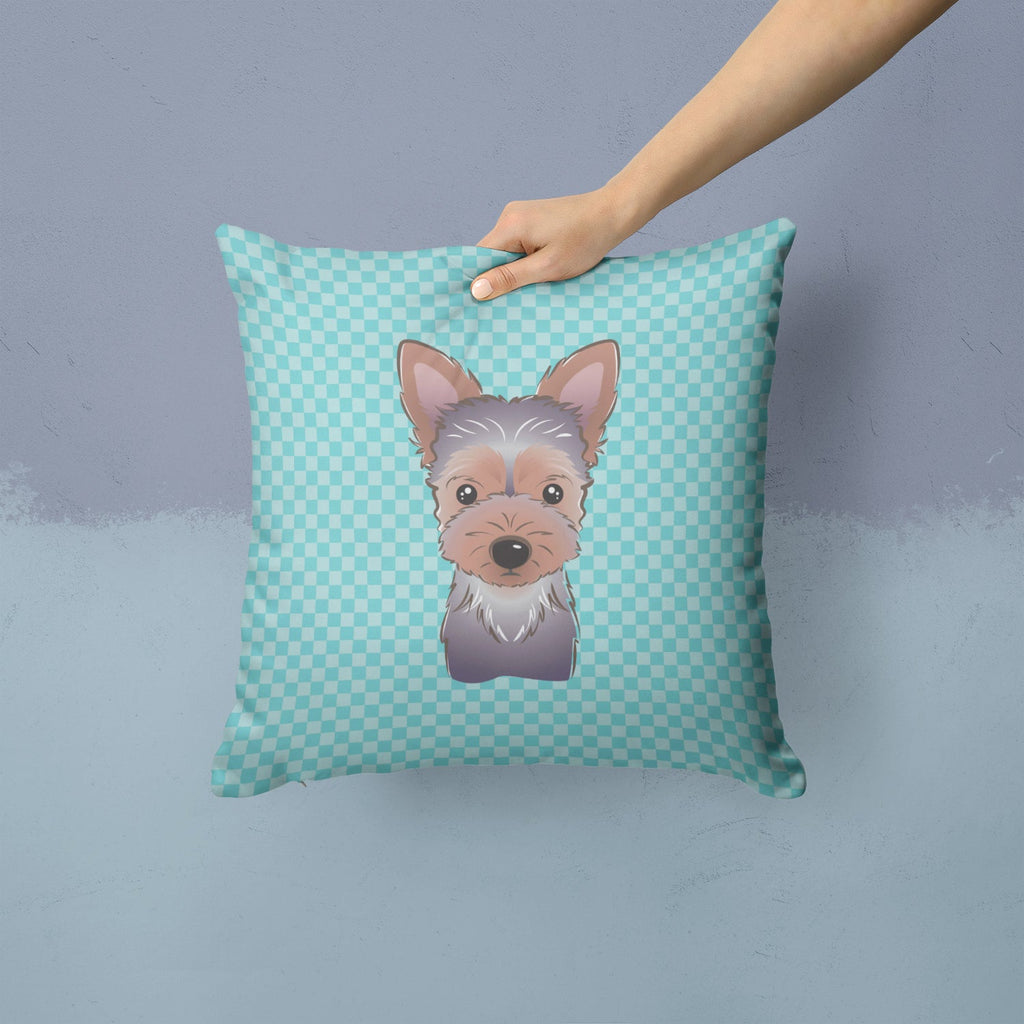 Checkerboard Blue Yorkie Puppy Decorative Throw Pillow 14x14 Indoor Outdoor Accent Cushion, Fabric Cover with Insert for Sofa, Bed, Porch & Living Room