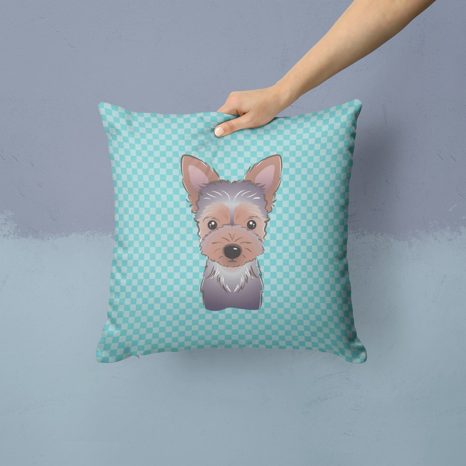 Checkerboard Blue Yorkie Puppy Decorative Throw Pillow 14x14 Indoor Outdoor Accent Cushion, Fabric Cover with Insert for Sofa, Bed, Porch & Living Room